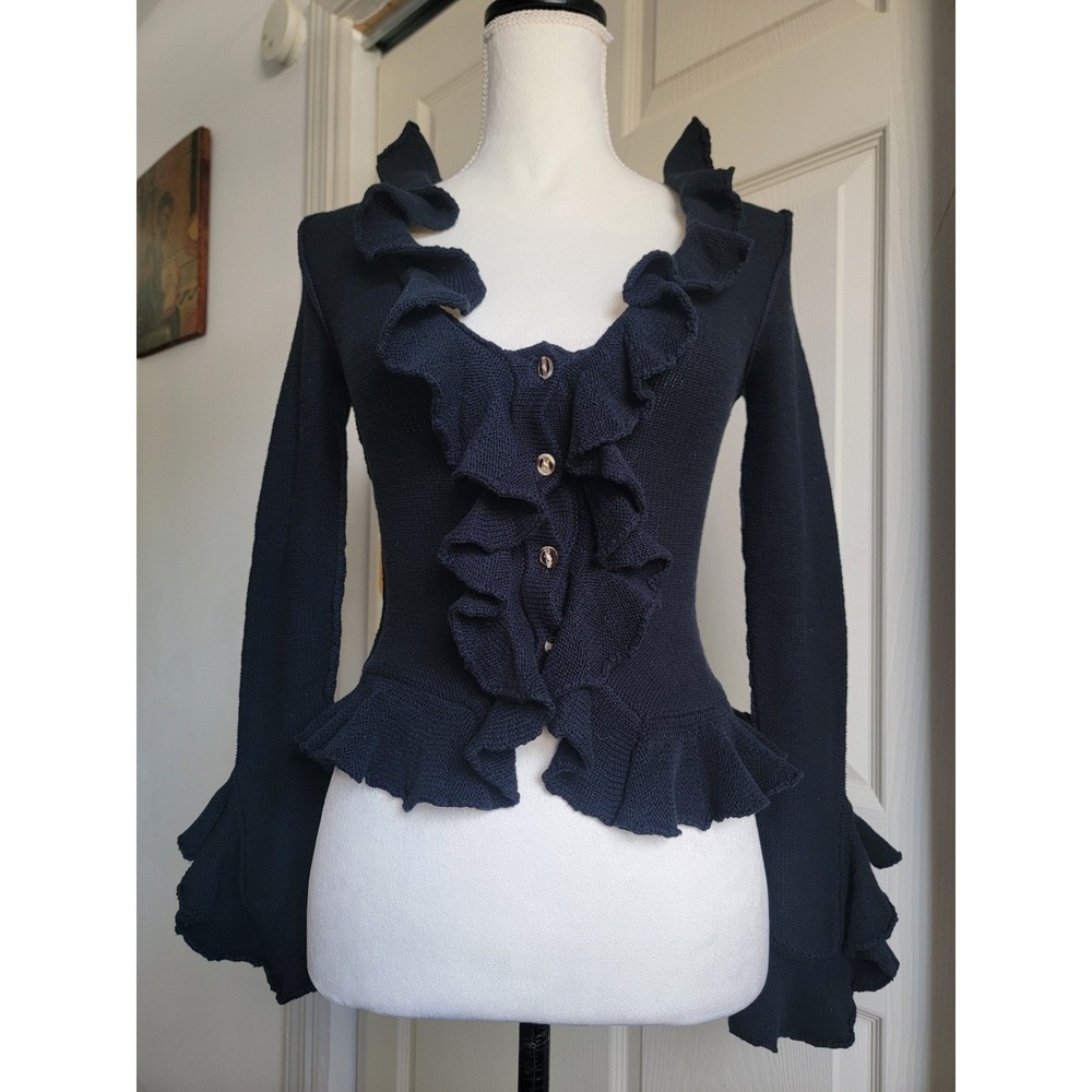 LPA Dark Navy Cotton Silk Blend Knitted Ruffle Sweater‎ Cardigan Peplum Hem XS
